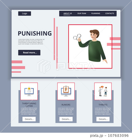 Punishing flat landing page website template. Threatening letter, rumors, threats. Web banner with header, content and footer. Vector illustration. 107683096