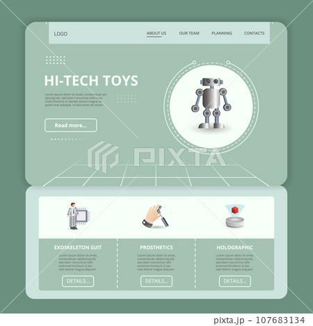 Hi-tech toys flat landing page website template. Exoskeleton suit, prosthetics, holographic. Web banner with header, content and footer. Vector illustration. Hi-tech toys flat landing page website template. Exoskeleton suit, prosthetics, holographic. Web banner with header, content and footer. Vector illustration. 107683134