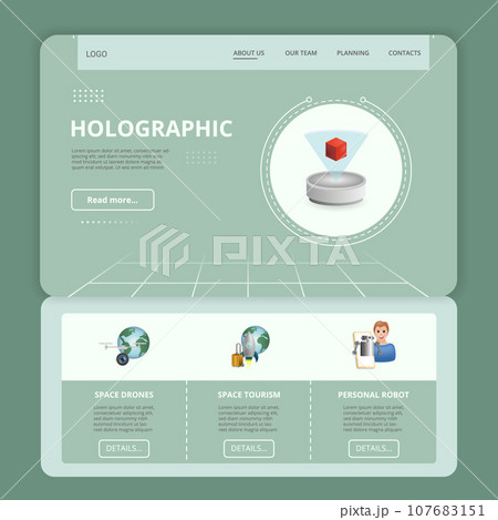 Holographic flat landing page website template. Space drones, space tourism, personal robot. Web banner with header, content and footer. Vector illustration. 107683151