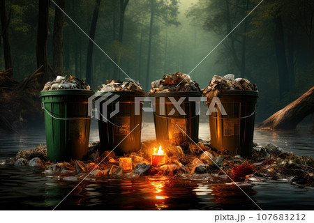 Overflowing garbage cans and rubbish lying around. The concept of environmental pollution Overflowing garbage cans and rubbish lying around. The concept of environmental pollution 107683212