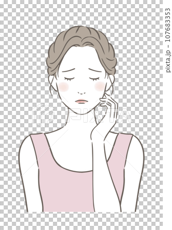 A worried woman with her hand on her cheek A worried woman with her hand on her cheek 107683353