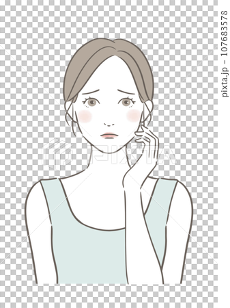 一個手放在臉頰上的憂心忡忡的女人 一個手放在臉頰上的憂心忡忡的女人 107683578