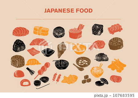 Sushi and rolls set. Japanese traditional cuisine dishes - nigiri, temaki, tamago, sashimi, uramaki, futomaki. Freehand vector drawing for asian restaurant menu. Sushi and rolls set. Japanese traditional cuisine dishes - nigiri, temaki, tamago, sashimi, uramaki, futomaki. Freehand vector drawing for asian restaurant menu. 107683595