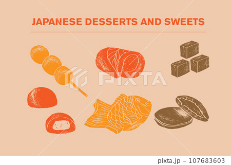 Japanese dessert collection, set isolated on white, asian food menu, vector illustration. Asian sweets, ice cream and cake. Dessert cafe in Japan, sweet oriental treats, traditional food assortment 107683603