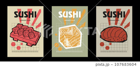 Japanese sushi set. Price tag or poster design. Set of vector illustrations. Typography. Engraving style. Labels, cover, t-shirt print, painting. 107683604