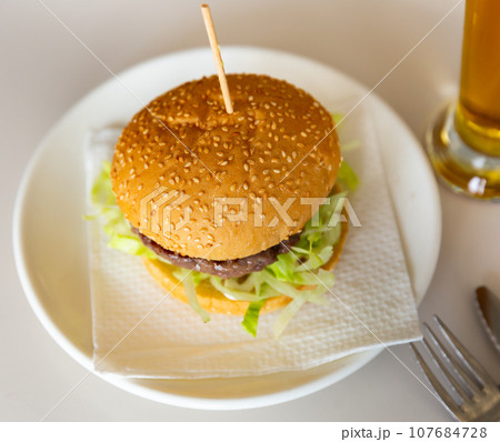 Appetizing hamburger with salad served on platter Appetizing hamburger with salad served on platter 107684728