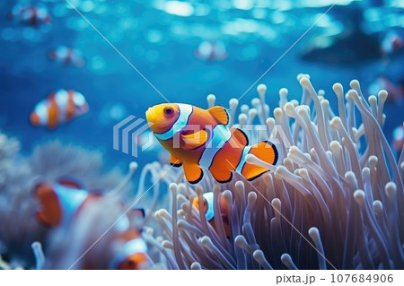 Amphiprion ocellaris clownfish and anemone in sea. 107684906