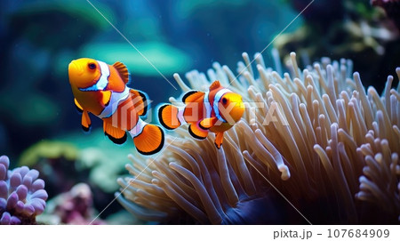 Amphiprion ocellaris clownfish and anemone in sea. Amphiprion ocellaris clownfish and anemone in sea. 107684909