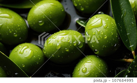 Green olives with drops of water 107684995