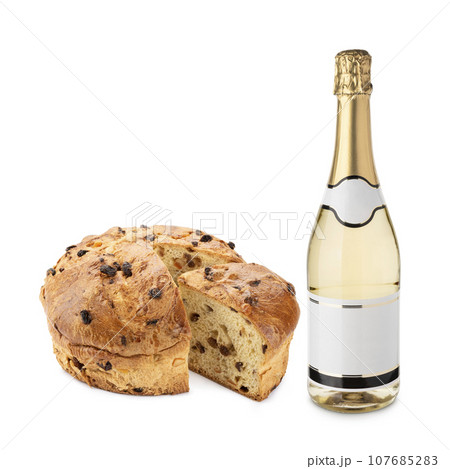 Champagne bottle with panettone. Christmas dessert. 107685283