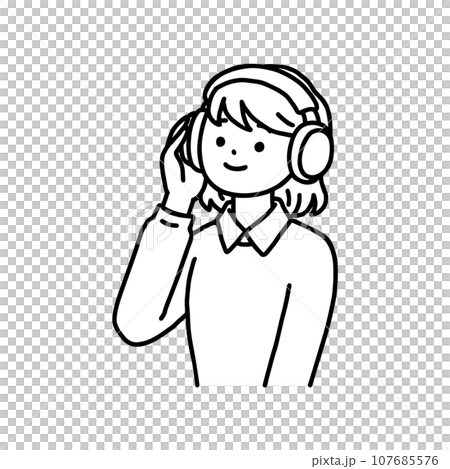 ヘッドフォンで音楽を聴く女性・線画 107685576