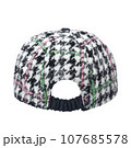 Cap-a baseball cap made of thick woolen fabric, with a visor, multi colored, isolated on a white background. Rear view.  107685578