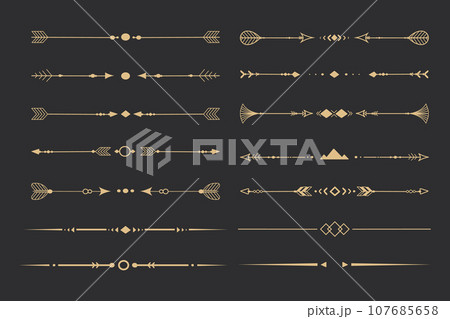 Set tribal ethnic arrow dividers, native indian bow boho in doodle style isolated on white background. Collection borders, decoration elements 107685658