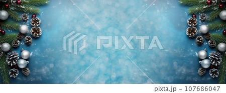 Christmas banner. Frame of fir branches, cones, Xmas balls on left and on right on blue background with white bokeh lights. Template for Christmas card. Mock up. Top view. Copy space. Generated AI. Christmas banner. Frame of fir branches, cones, Xmas balls on left and on right on blue background with white bokeh lights. Template for Christmas card. Mock up. Top view. Copy space. Generated AI. 107686047