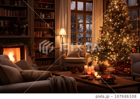 Festive living room interior with Christmas trees, burning candles and fireplace.  Warm cozy evening celebration. Generative ai 107686108