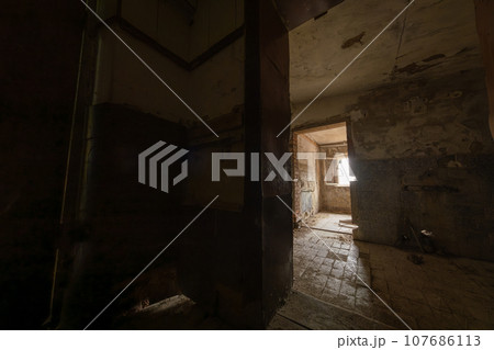Doorways leading to shabby rooms from grungy corridor inside derelict building in daytime 107686113