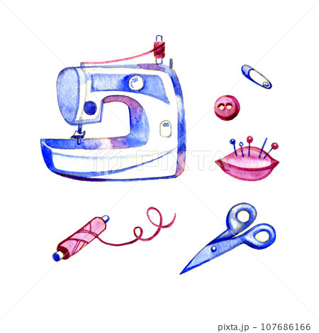 watercolor drawing, sewing machine, thread, needlework watercolor drawing, sewing machine, thread, needlework 107686166