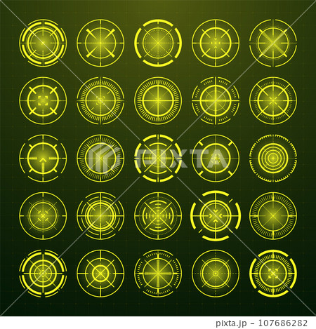 Crosshair, gun sight vector icons. Bullseye, black target or aim symbol. Military rifle scope, shooting mark sign. Targeting, aiming for a shot. Archery, hunting and sports shooting. Game UI element. 107686282