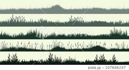 Meadow silhouettes with grass, plants on plain. Panoramic summer lawn landscape with herbs, various weeds. Herbal border, frame element. Green horizontal banners. Vector illustration Meadow silhouettes with grass, plants on plain. Panoramic summer lawn landscape with herbs, various weeds. Herbal border, frame element. Green horizontal banners. Vector illustration 107686287