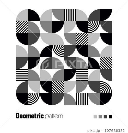 Geometric trendy pattern, Bauhaus style. Modern background with simple elements. Retro texture with basic geometric shapes. Print design, minimalist poster cover. Vector illustration Geometric trendy pattern, Bauhaus style. Modern background with simple elements. Retro texture with basic geometric shapes. Print design, minimalist poster cover. Vector illustration 107686322