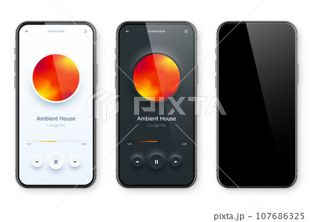 Online audio player user interface, smartphone app UI design. Music, media streaming and listening platform. Responsive mobile application. Neumorphism, neumorphic style. Vector illustration. Online audio player user interface, smartphone app UI design. Music, media streaming and listening platform. Responsive mobile application. Neumorphism, neumorphic style. Vector illustration. 107686325