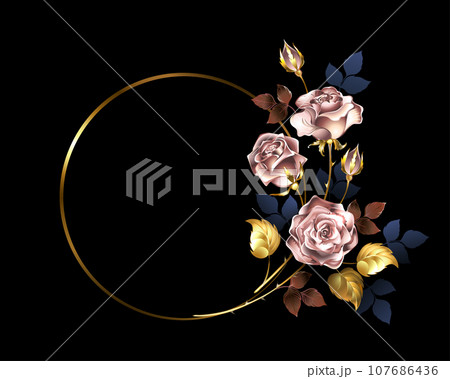 Round frame with pink gold roses 107686436