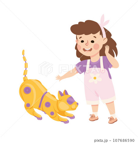 Little Girl with Cat Robot Playing Using Smart Technology Vector Illustration 107686590