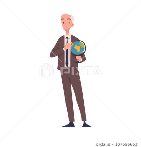 Senior Man Teacher Character Standing with Globe and Teaching Vector Illustration 107686663