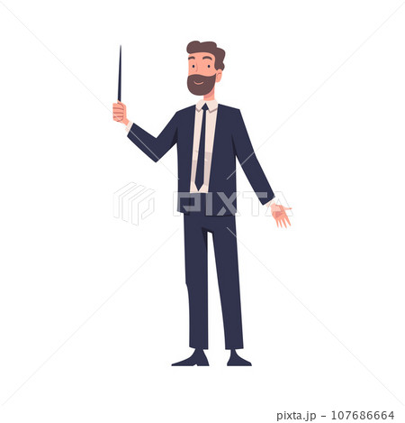Bearded Man Teacher Character Standing with Pointer and Teaching Vector Illustration 107686664