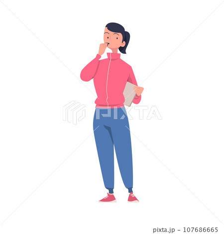 Young Woman Teacher Character in Sportswear Standing with Whistle and Teaching Sport Education Vector Illustration 107686665