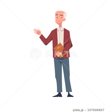 Senior Man Teacher Character Standing with Book and Waving Hand Greeting Vector Illustration 107686667