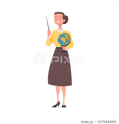 Young Woman Teacher Character Standing with Pointer and Globe Teaching Vector Illustration 107686668