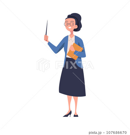 Woman Teacher Character in Glasses Standing with Pointer and Teaching Vector Illustration 107686670
