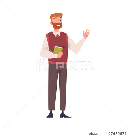 Young Bearded Man Teacher Character Standing with Pointer and Teaching Vector Illustration Young Bearded Man Teacher Character Standing with Pointer and Teaching Vector Illustration 107686671