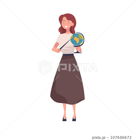 Young Woman Teacher Character Standing with Pointer and Globe Teaching Vector Illustration 107686672