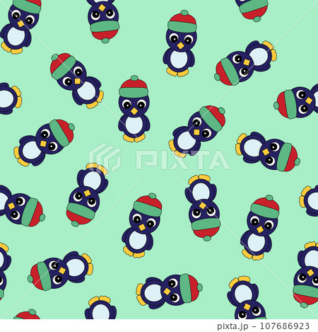 Colorful Seamless Pattern with Christmas Penguin in a Hat. Digital Paper with Penguin on Green background. Colorful Seamless Pattern with Christmas Penguin in a Hat. Digital Paper with Penguin on Green background. 107686923