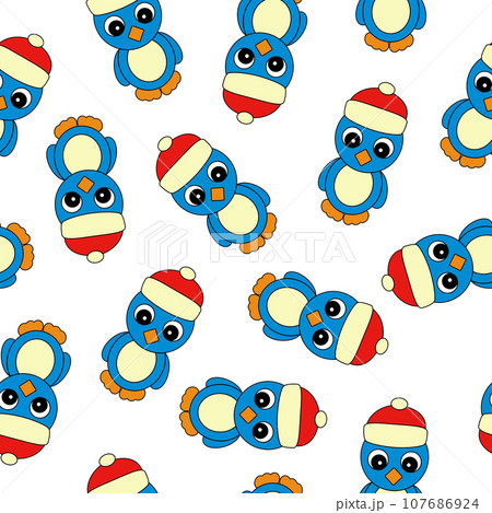 Colorful Seamless Pattern with Christmas Penguin in a Hat. Digital Paper with Penguin on White background. Colorful Seamless Pattern with Christmas Penguin in a Hat. Digital Paper with Penguin on White background. 107686924