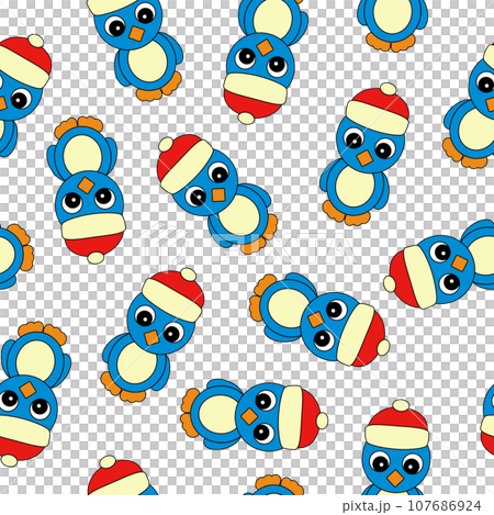Colorful Seamless Pattern with Christmas Penguin in a Hat. Digital Paper with Penguin on White background. Colorful Seamless Pattern with Christmas Penguin in a Hat. Digital Paper with Penguin on White background. 107686924
