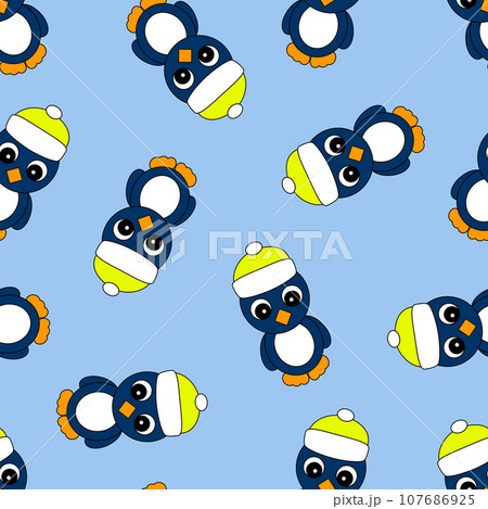 Colorful Seamless Pattern with Christmas Penguin in a Hat. Digital Paper with Penguin on Blue background. Colorful Seamless Pattern with Christmas Penguin in a Hat. Digital Paper with Penguin on Blue background. 107686925