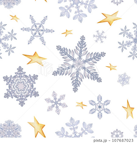 Hand drawn watercolor snowflakes and gold stars, water ice crystals frozen in winter. Illustration isolated seamless pattern, white background. Design holiday poster, print, website, card, invitation 107687023