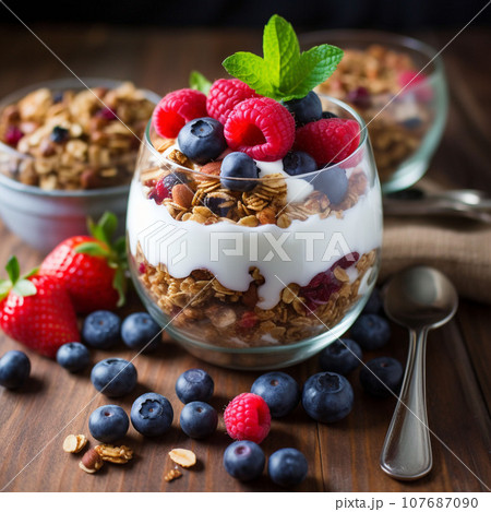 healthy breakfast featuring granola, berries, and yogurt healthy breakfast featuring granola, berries, and yogurt 107687090