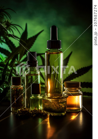 Small glass bottlees with hemp oil with a stopper on a natural backdrop 107687274