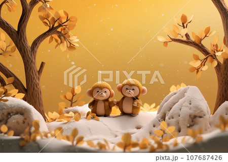 可愛いサルのキャンプ（3D）秋 107687426