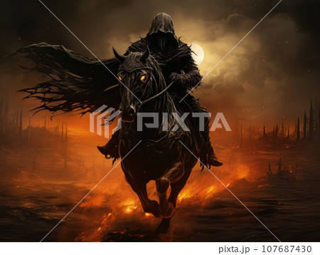 Black horseman of the apocalypse riding black horse AI 107687430