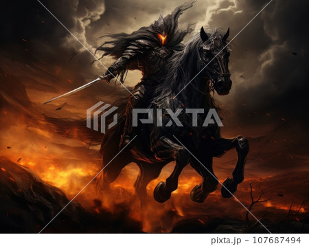 Black horseman of the apocalypse with sword riding black horse AI Black horseman of the apocalypse with sword riding black horse AI 107687494
