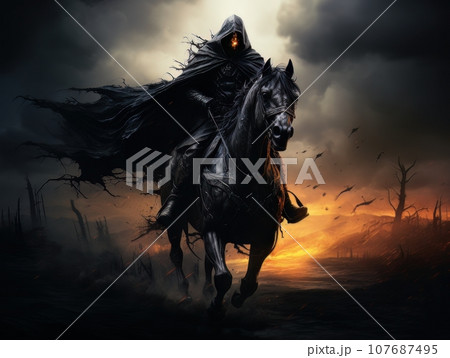 Black horseman of apocalypse riding black horse AI 107687495