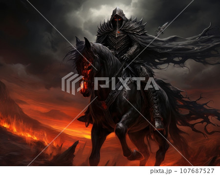 Black horseman of apocalypse riding black horse AI 107687527