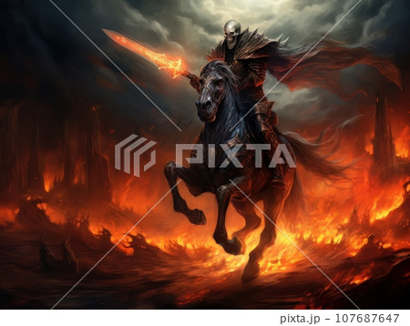 Black horseman of the apocalypse with sword riding black horse AI 107687647
