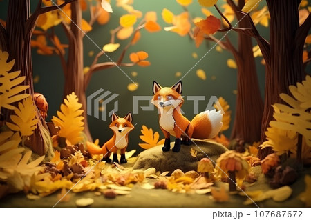 可愛いキツネのキャンプ（3D）秋 107687672