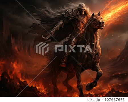 Black horseman of the apocalypse with sword riding black horse AI 107687675